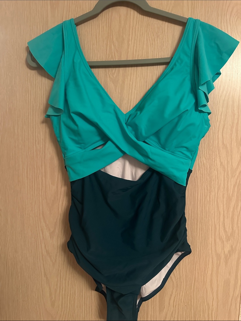 Two-Tone Teal Ruffle Shoulder One-Piece Swimsuit
